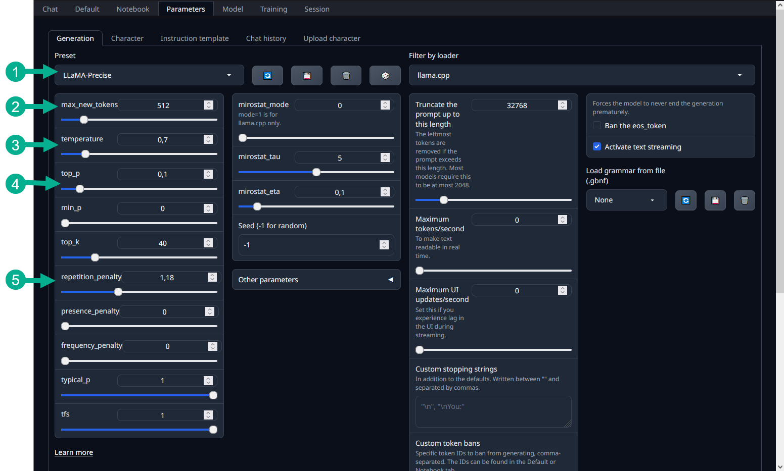 Image showing the Generation parameters tab in text-generation-webui