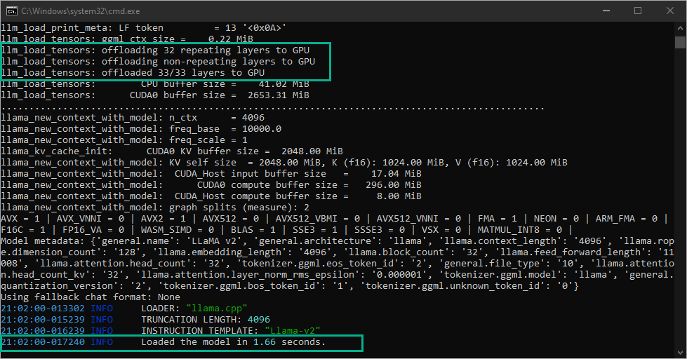 Image showing the terminal output of text-generation-webui after loading a model.