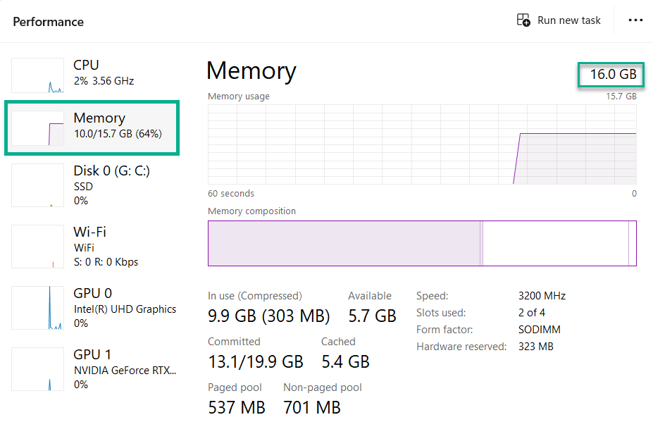 Image example showing where to find the available system memory